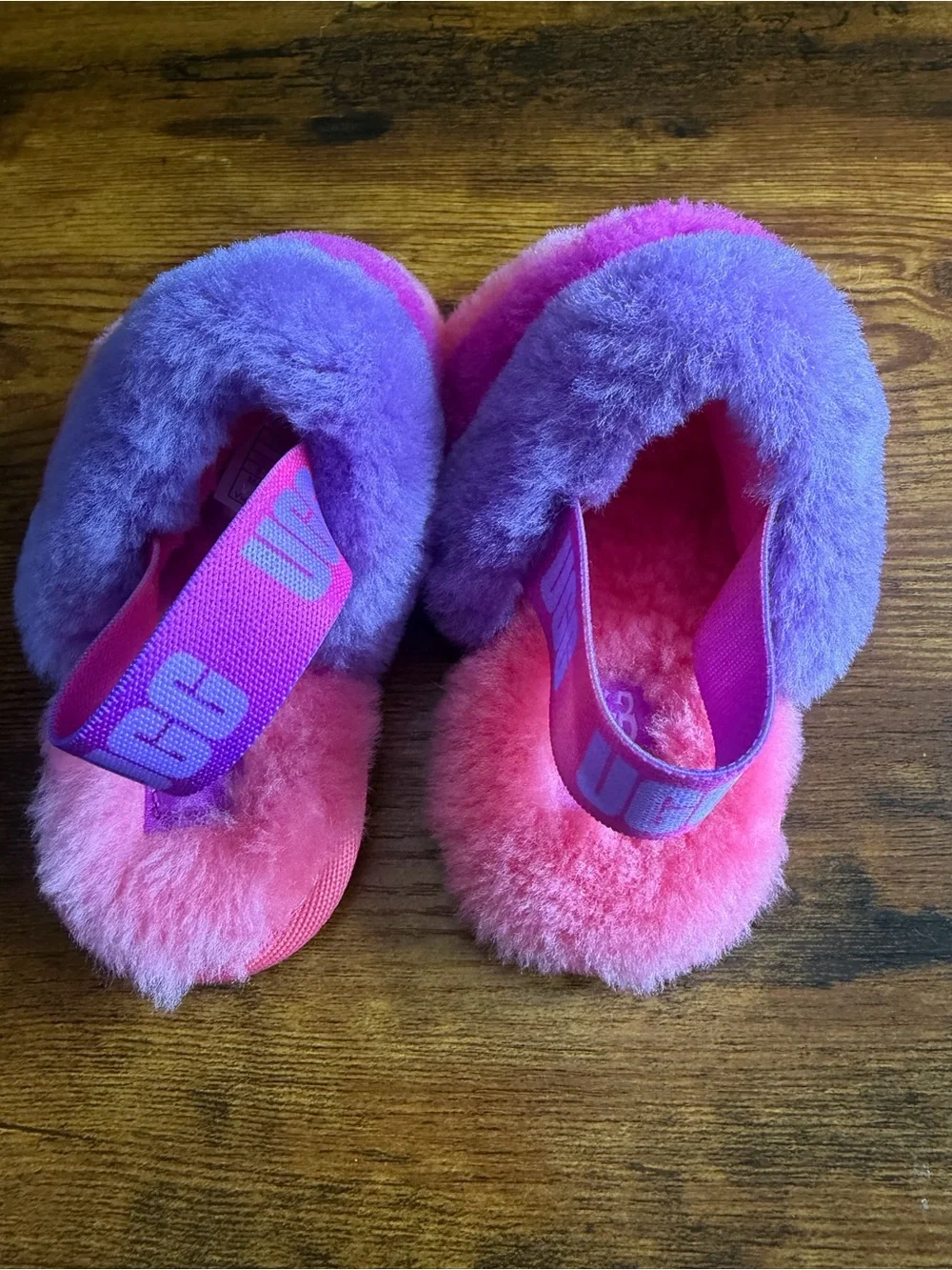 UGG Pink and Purple Fuzzy Slide Slippers Sz 8 Toddler